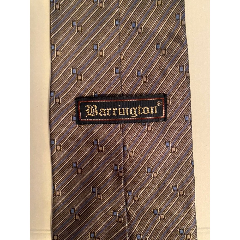 Barrington Mens Silk Tie Brown Blue Grey Geometric Striped Necktie Made in Korea